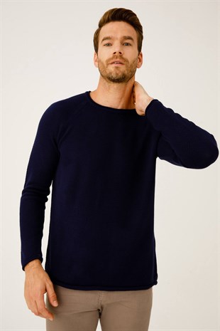 Lacivert Regular Fit Rahat Kalıp Bisiklet Yaka Düz Uzun Kollu  Triko