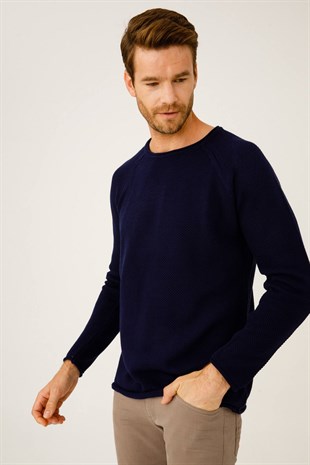 Lacivert Regular Fit Rahat Kalıp Bisiklet Yaka Düz Uzun Kollu  Triko