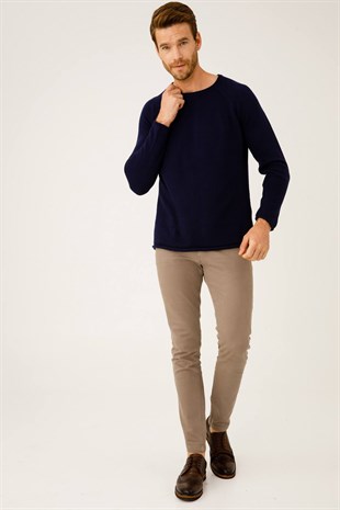 Lacivert Regular Fit Rahat Kalıp Bisiklet Yaka Düz Uzun Kollu  Triko