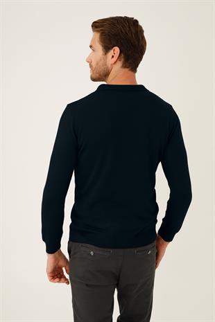 Lacivert Standart Fit Dar Kalıp Polo Yaka Düz Uzun Kollu  Triko