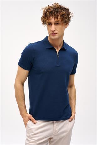Lacivert Slim Fit Dar Kalıp Fermuarlı Polo Yaka Düz Kısa Kollu  Tişört