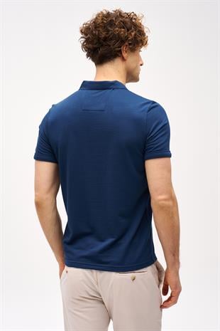 Lacivert Slim Fit Dar Kalıp Fermuarlı Polo Yaka Düz Kısa Kollu  Tişört