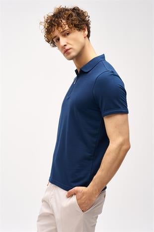 Lacivert Slim Fit Dar Kalıp Fermuarlı Polo Yaka Düz Kısa Kollu  Tişört