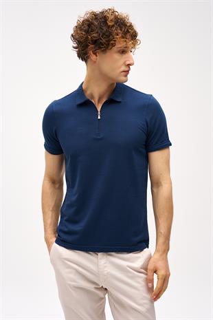 Lacivert Slim Fit Dar Kalıp Fermuarlı Polo Yaka Düz Kısa Kollu  Tişört