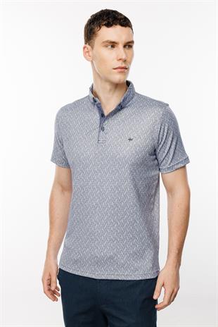 Lacivert Slim Fit Dar Kalıp Düğmeli Polo Yaka Desenli Kısa Kollu Pamuklu Tişört