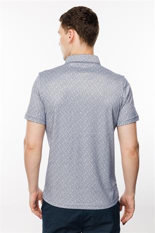 Lacivert Slim Fit Dar Kalıp Düğmeli Polo Yaka Desenli Kısa Kollu Pamuklu Tişört