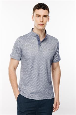 Lacivert Slim Fit Dar Kalıp Düğmeli Polo Yaka Desenli Kısa Kollu Pamuklu Tişört