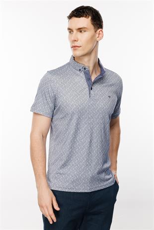 Lacivert Slim Fit Dar Kalıp Düğmeli Polo Yaka Desenli Kısa Kollu Pamuklu Tişört