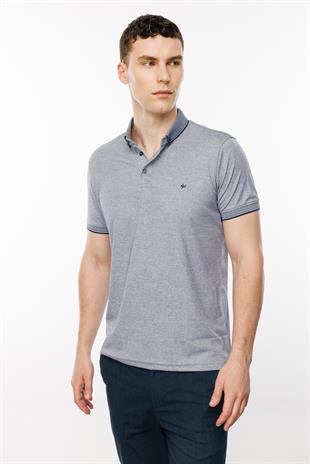 Lacivert Standart Fit Dar Kalıp Düğmeli Polo Yaka Düz Kısa Kollu Pamuklu Tişört