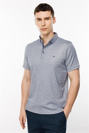Lacivert Slim Fit Dar Kalıp Düğmeli Polo Yaka Desenli Kısa Kollu Pamuklu Tişört