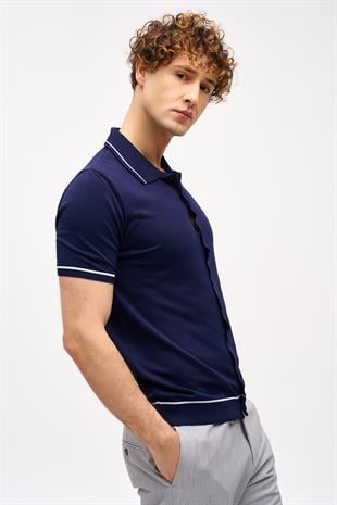 Lacivert Slim Fit Dar Kalıp Düğmeli Polo Yaka Desenli Kısa Kollu Triko Tişört