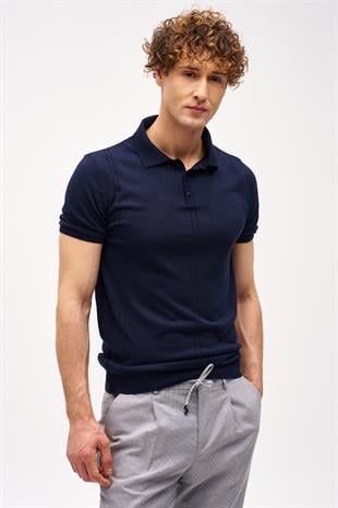 Lacivert Slim Fit Dar Kalıp Polo Yaka Düz Kısa Kollu Triko Tişört