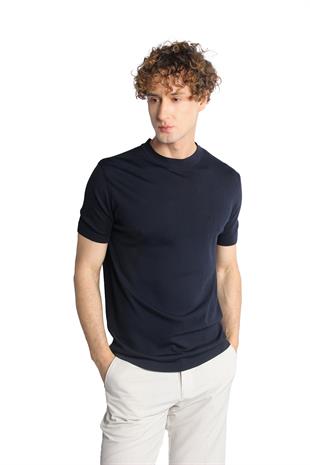 Lacivert Standart Fit Dar Kalıp Bisiklet Yaka Düz Kısa Kollu Triko Tişört