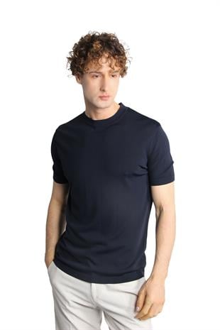 Lacivert Standart Fit Dar Kalıp Bisiklet Yaka Düz Kısa Kollu Triko Tişört