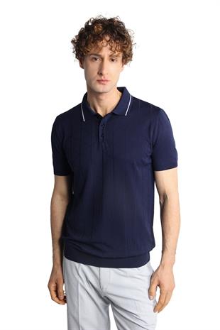 Lacivert Slim Fit Dar Kalıp Polo Yaka Düz Kısa Kollu Triko Tişört