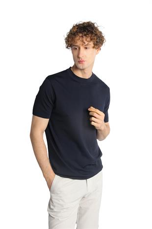 Lacivert Standart Fit Dar Kalıp Bisiklet Yaka Düz Kısa Kollu Triko Tişört