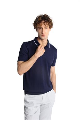Lacivert Slim Fit Dar Kalıp Polo Yaka Düz Kısa Kollu Triko Tişört
