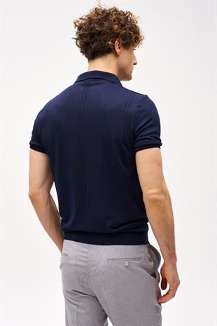 Lacivert Slim Fit Dar Kalıp Polo Yaka Düz Kısa Kollu Triko Tişört
