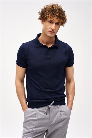 Lacivert Slim Fit Dar Kalıp Polo Yaka Düz Kısa Kollu Triko Tişört