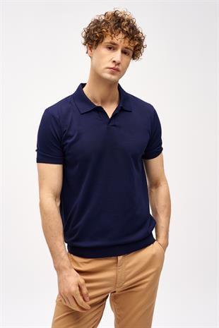 Lacivert Slim Fit Dar Kalıp Polo Yaka Düz Kısa Kollu Triko Tişört