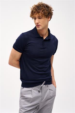 Lacivert Slim Fit Dar Kalıp Polo Yaka Düz Kısa Kollu Triko Tişört