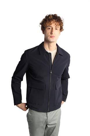 Lacivert Standart Kalıp Klasik Yaka Fermuarlı Polyester Mont