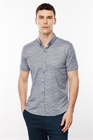 Lacivert Dynamic Fit  Düğmeli Yaka Düz Kısa Kollu Cepsiz Pamuklu Gömlek