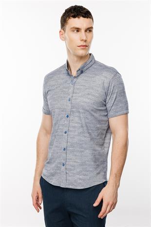 Lacivert Dynamic Fit  Düğmeli Yaka Düz Kısa Kollu Cepsiz Pamuklu Gömlek