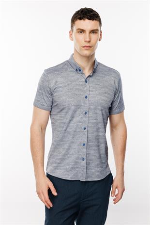 Lacivert Dynamic Fit  Düğmeli Yaka Düz Kısa Kollu Cepsiz Pamuklu Gömlek