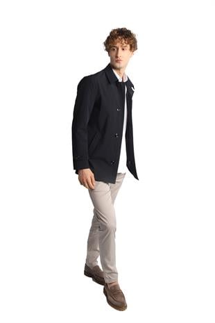 Lacivert Regular Fit Gömlek Yaka Polyester Trench