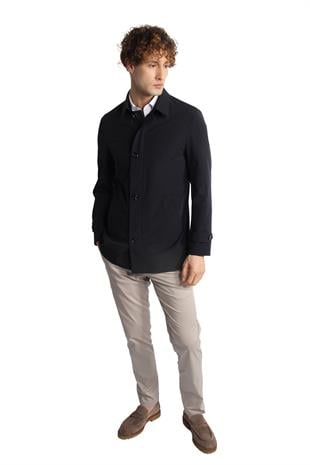 Lacivert Regular Fit Gömlek Yaka Polyester Trench