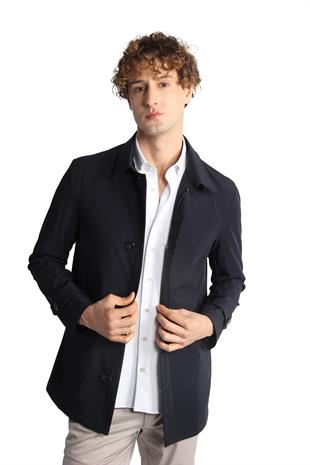 Lacivert Regular Fit Gömlek Yaka Polyester Trench