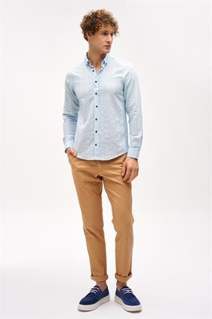 Mavi Dynamic Fit  Düğmeli Yaka Çizgili Uzun Kollu Cepsiz %100 Pamuk Gömlek