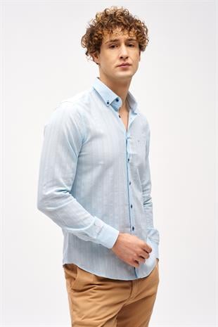 Mavi Dynamic Fit  Düğmeli Yaka Çizgili Uzun Kollu Cepsiz %100 Pamuk Gömlek