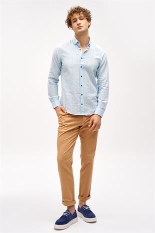 Mavi Dynamic Fit  Düğmeli Yaka Çizgili Uzun Kollu Cepsiz %100 Pamuk Gömlek