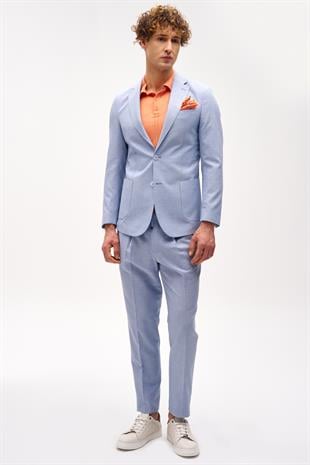 Erkek Mavi Slim Fit Mono Yaka Takım Elbise