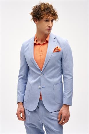 Erkek Mavi Slim Fit Mono Yaka Takım Elbise