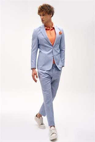 Erkek Mavi Slim Fit Mono Yaka Takım Elbise