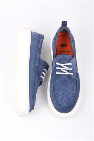 Mavi Süet Görünümlü Örgü Detaylı Erkek Sneaker Kalın Taban Günlük Model