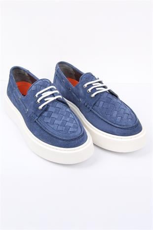 Mavi Süet Görünümlü Örgü Detaylı Erkek Sneaker Kalın Taban Günlük Model