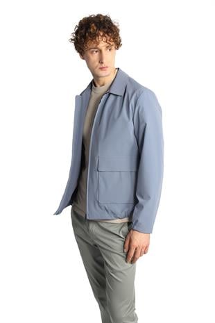 Mavi Standart Kalıp Klasik Yaka Fermuarlı Polyester Mont