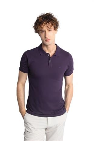 Mor Modern Fit Dar Kalıp Polo Yaka Düz Kısa Kollu  %100 Pamuk Tişört