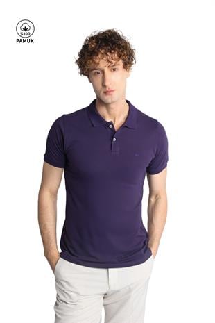 Mor Modern Fit Dar Kalıp Polo Yaka Düz Kısa Kollu  %100 Pamuk Tişört