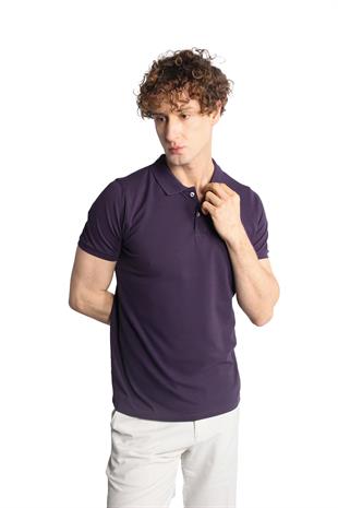 Mor Modern Fit Dar Kalıp Polo Yaka Düz Kısa Kollu  %100 Pamuk Tişört