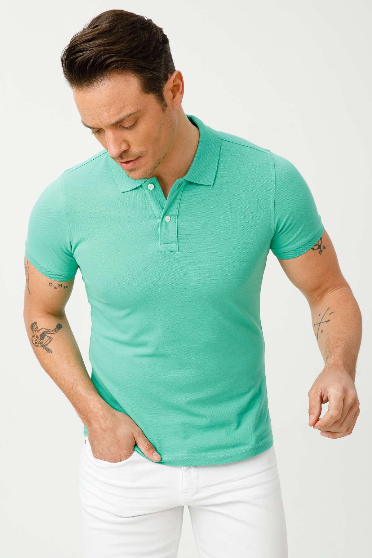 Nil Yeşili Modern Fit Dar Kalıp Polo Yaka Düz Kısa Kollu Pamuklu Tişört