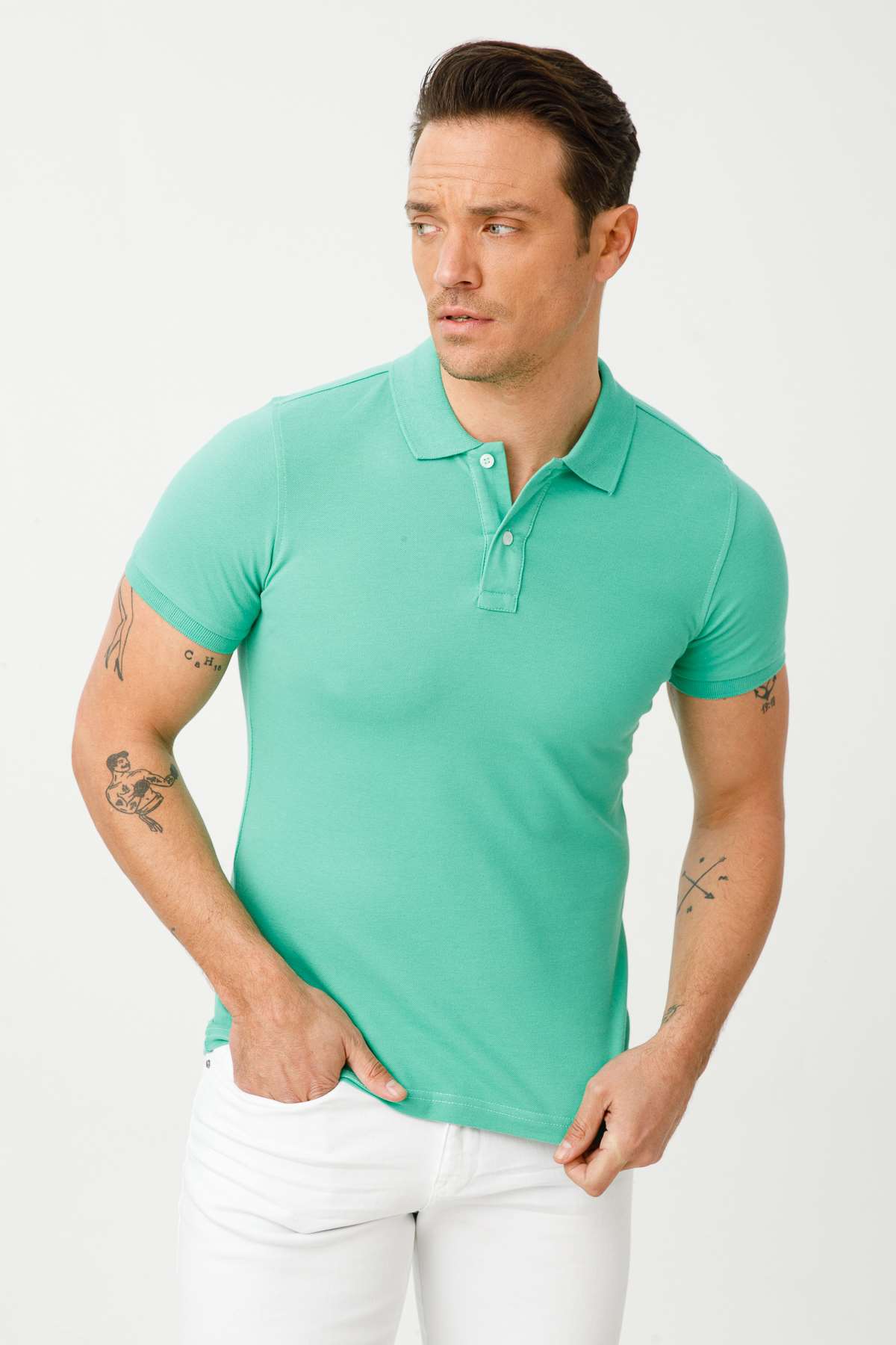 Nil Yeşili Modern Fit Dar Kalıp Polo Yaka Düz Kısa Kollu Pamuklu Tişört