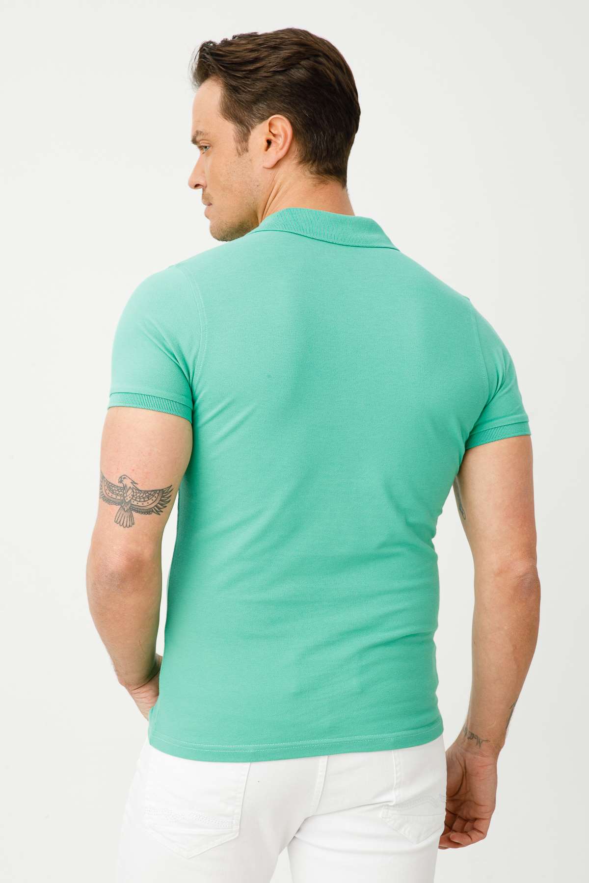 Nil Yeşili Modern Fit Dar Kalıp Polo Yaka Düz Kısa Kollu Pamuklu Tişört