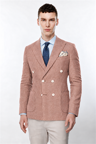 Erkek Oranj Slim Fit Dar Kalıp Geniş Kırlangıç Yaka Desenli Ceket