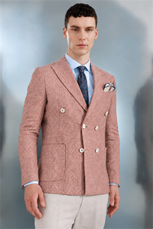 Erkek Oranj Slim Fit Dar Kalıp Geniş Kırlangıç Yaka Desenli Ceket