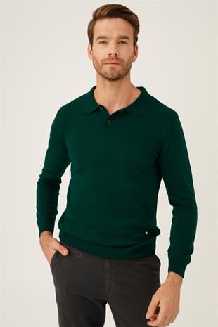 Petrol Standart Fit Dar Kalıp Polo Yaka Düz Uzun Kollu  Triko